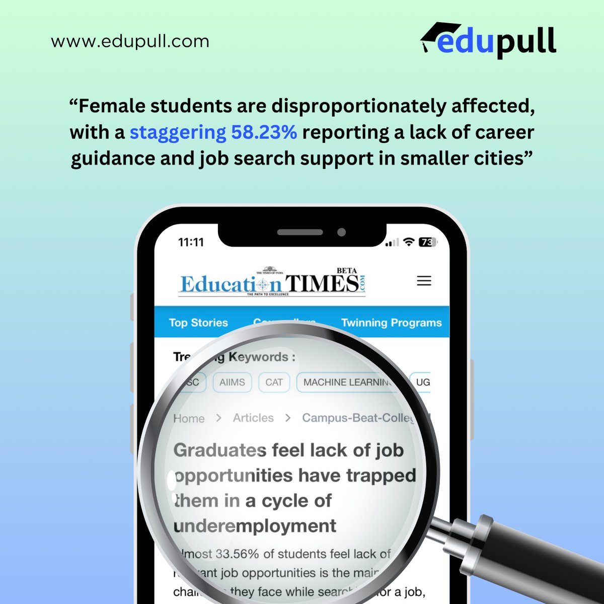 edupull_tweet's tweet photo. Our groundbreaking report “From Campus to Corporate: Mapping the Landscape of Student Employability in India” got the spotlight on Education Times.  Ready to level up? Click here: https://t.co/qjnGAbT2Ch  #CareerRevolution  #edupull #colleges #students #jobhiring #employability https://t.co/dEzd7rojNS