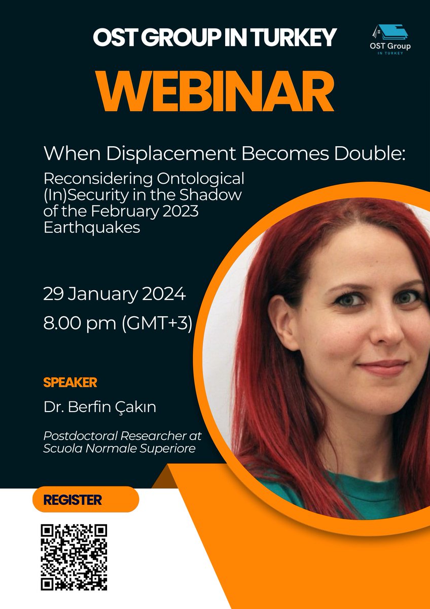🎤NEW WEBINAR ANNOUNCEMENT! 📕On 29 January 2024, Dr. Berfin Çakın (@berfinje) will give a talk on Ontological (In)Security and the February 2023 Earthquakes. Click to register: us02web.zoom.us/meeting/regist… #ECRTalks