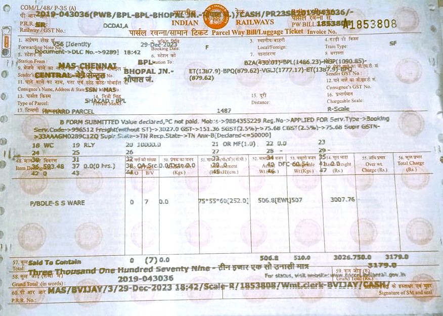cshesh's tweet image. Dear @RailMinIndia, @BhopalDivision, @DrmChennai, I urgently need help with a high-value parcel (Rs 300,000) booked from Chennai to Bhopal on Train No. 16093, PPR No. 2019043036 (30 Dec 2023). It&apos;s yet to be received, severely impacting my business.