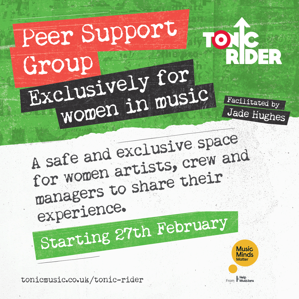 Starting Tuesday 27 February, a six-week online Peer Support Group exclusively for women in music. Funded by @HelpMusicians. More → tonicmusic.co.uk/post/psg24w #TonicRider #MusicMindsMatter #MentalHealth #Wellbeing #Music