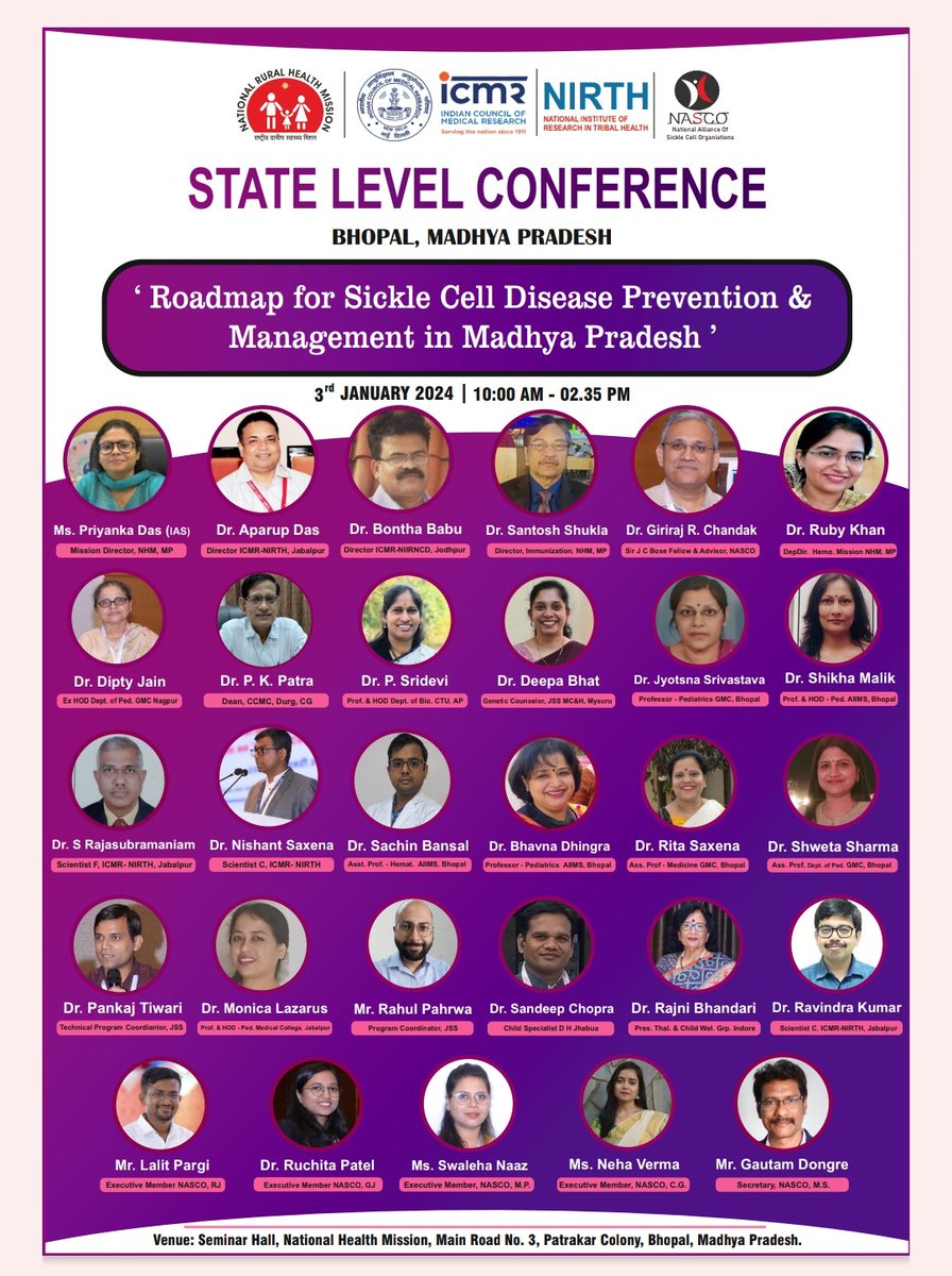 devi_shri45's tweet photo. @IndiaNasco on mission to increase SCD awareness community &amp; advocates a better quality of life for SCD patients, organising 3rd state level conference on 3rd January 2024 at NHM, Bhopal, on "Roadmap for sickle cell disease prevention and management in Madhya Pradesh" @ICMRDELHI https://t.co/N8sbtvemSz