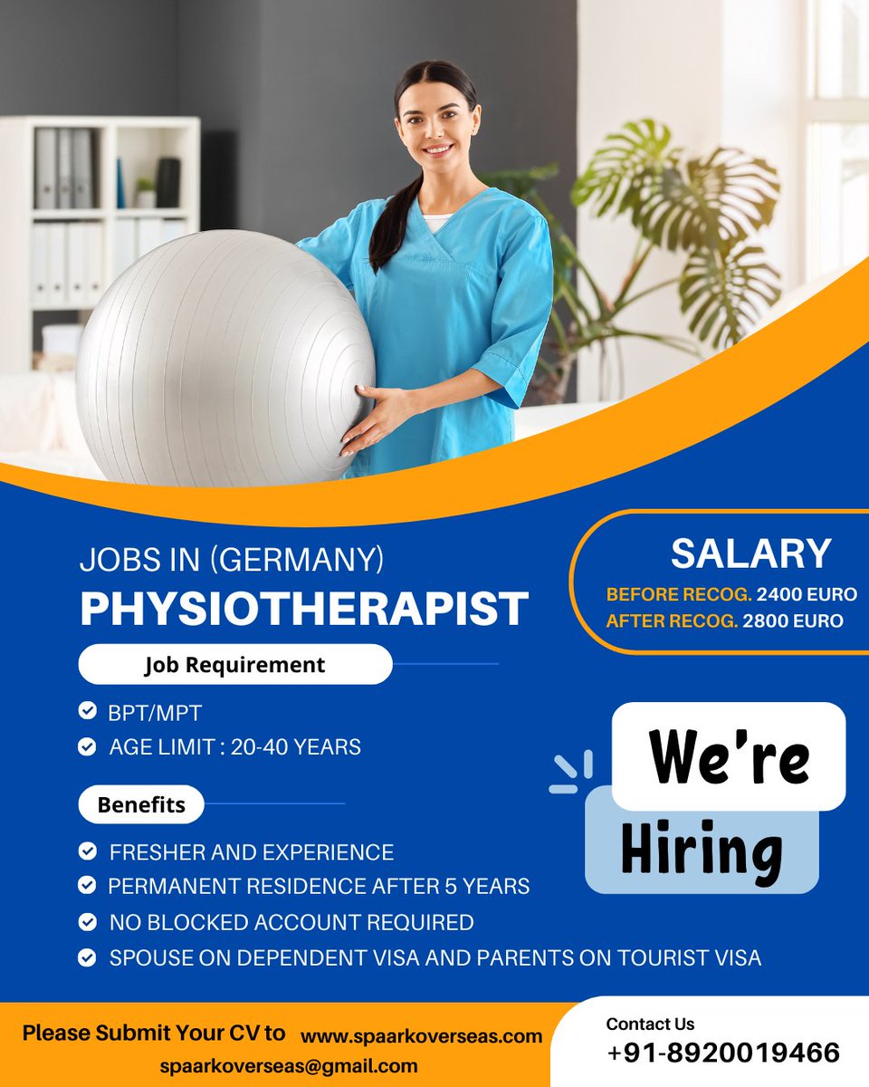 spaarkoverseas's tweet image. Explore exciting opportunities in Germany to elevate your career in physiotherapy. 

For more info
+91-8920019466, 8384078868
spaarkoverseas.com

#PhysiotherapyJobs #CareerInGermany #HealthcareOpportunities #ProfessionalGrowth #WorkInGermany #HealingJourney #NewBeginnings