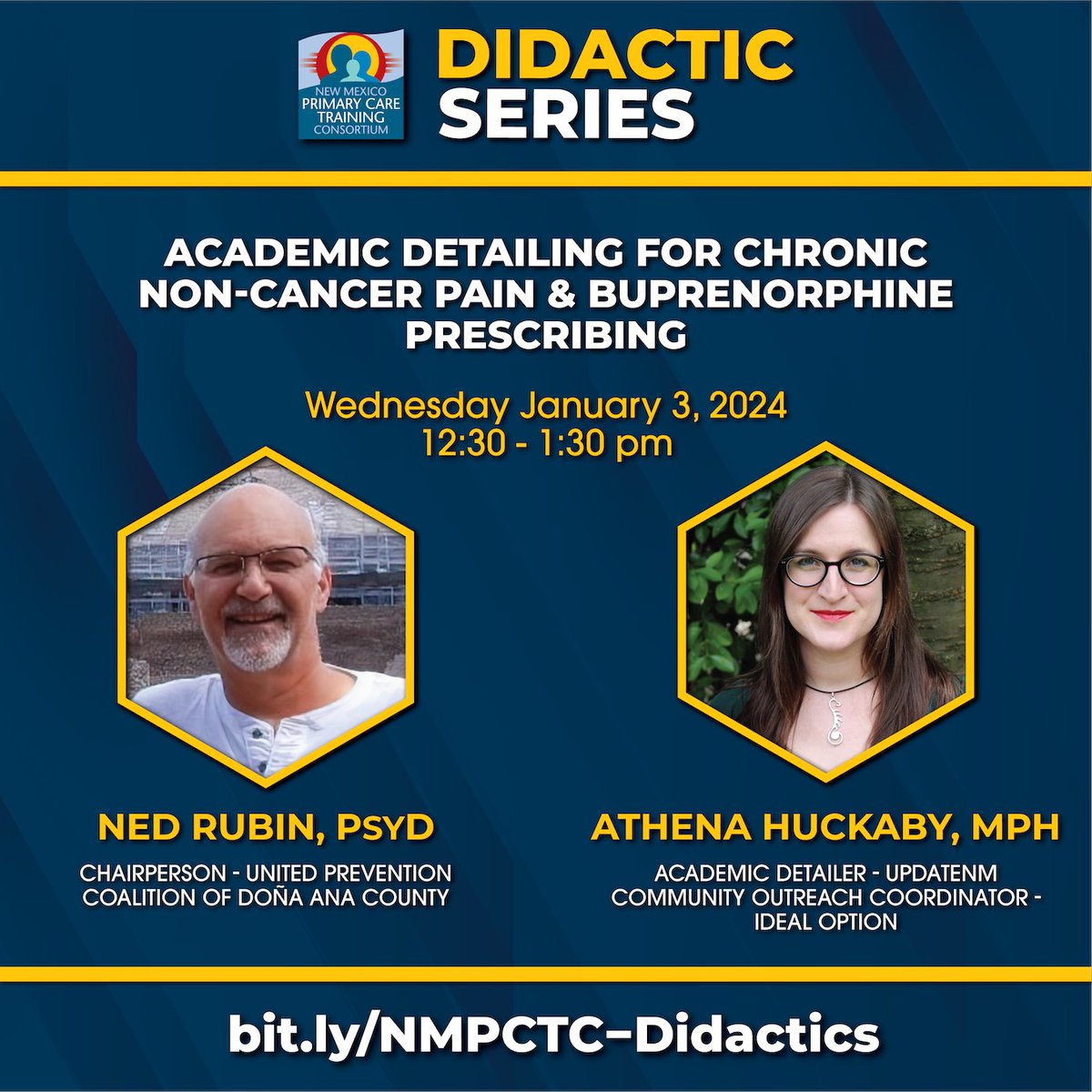 REMINDER!

Join us tomorrow for our first didactic lecture of the year! Come learn all about academic detailing for providers working with OUD patients.

This training is free to attend and open to all!

Visit bit.ly/NMPCTC-Didacti… when it's time for the session to be connected