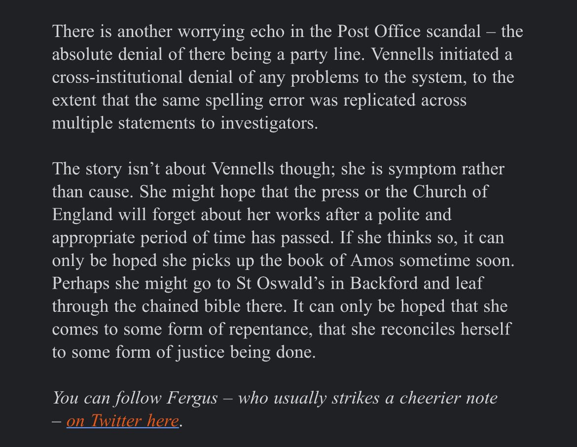 For those just discovering the profound evil of the Post Office scandal courtesy of last night’s excellent ITV drama, I wrote a piece for @The_Fence_Mag’s newsletter last year on its links to managerialism and the Church of England.