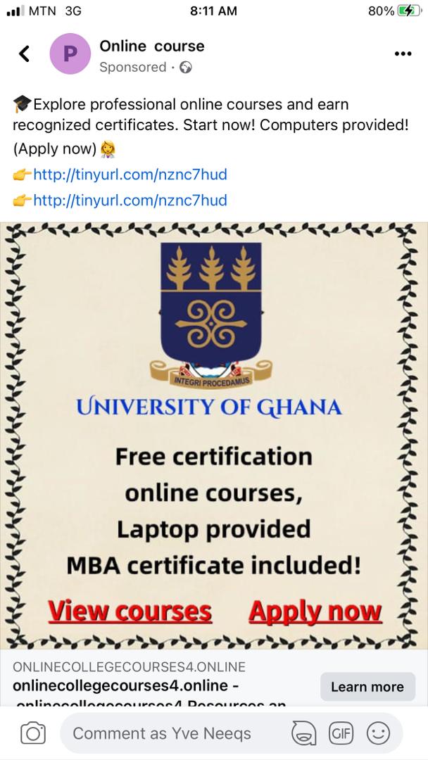 The @UnivOfGh disassociates itself completely from this advert as there is no such online course being organised by the University.

More here... bit.ly/41Ka9Fp

#UGIS75
#IntegriProcedamus