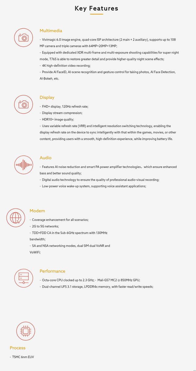 Raman_Singh8's tweet image. A new mid-range 5G platform, the T765, has been released. 

Process: 6nm EUV process
CPU: 
2×2.3 GHz Cortex-A76
6×2.1 GHz Cortex-A55
GPUs: Mali G57 MC2

Storage: LPDDR4X 2133 MHz
eMMC5.1/UFS 3.1/UFS 2.2 flash memory
Image: Vivimagic 6.0 image engine
(1/2)
#Unisoc #UnisocT765