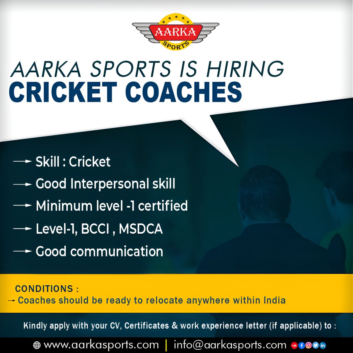 aarkasports's tweet photo. Aarka Sports Management Pvt. Ltd. Recruitment for Cricket Coaches.
Interested candidates to apply for the role on the email mentioned below ID!
info@aarkasports.com
#cricketcoaching #cricketcoach #HiringNow #coach #coaches #coachinglife #ApplyNow #aarkasports #msdca #cricket https://t.co/eG4xv8ad9b