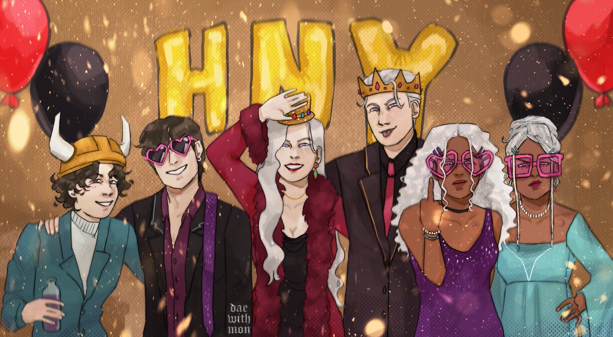 Targ-Velaryons wish you a happy new year (the little ones are asleep)

tags. #hotd #fanart #HappyNewYear #modernau #rhaenyratargaryen #daemontargaryen #lucerysvelaryon #jacaerysvelaryon #baelatargaryen #rhaenatargaryen #digitalart