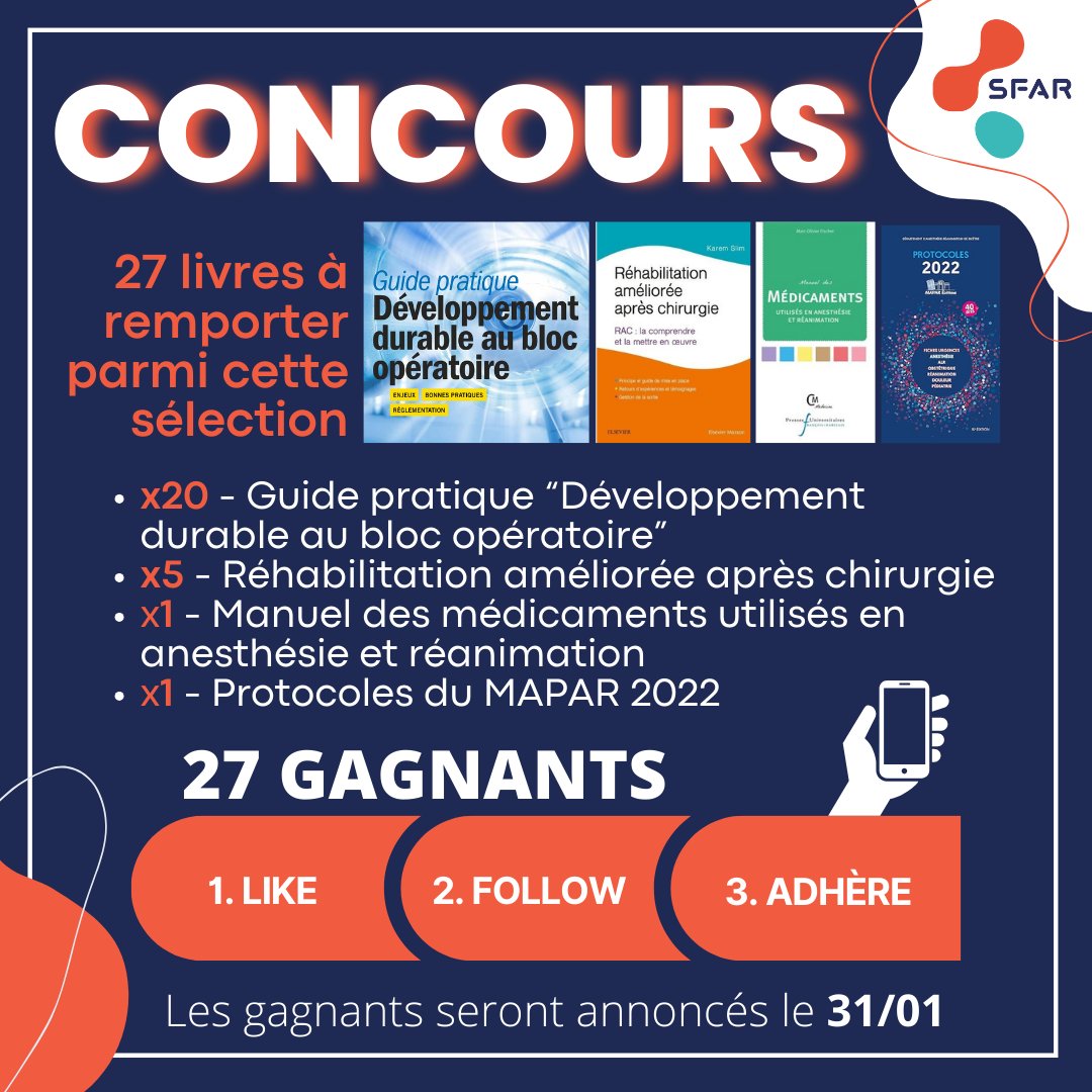 🚨 CONCOURS 🎉

Pour célébrer la nouvelle année, tentez de remporter un livre parmi cette sélection ⤵️

27 gagnants parmi les nouveaux adhérents 2024 ! 🤩

❤️ Like
☑️ Follow
✅ Adhère ➡️ sfar.org/la-sfar/deveni…

Les gagnants seront tirés au sort le 31/01, bonne chance à tous !