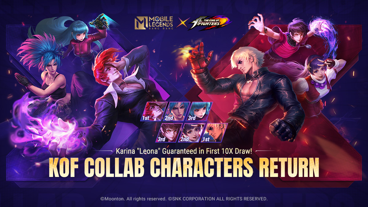 The returned MLBB × KOF event is now live! The first 10X Draw GUARANTEES you the Karina 'Leona' skin, come and check it out!

#MobileLegendsBangBang
#MLBBxKOF