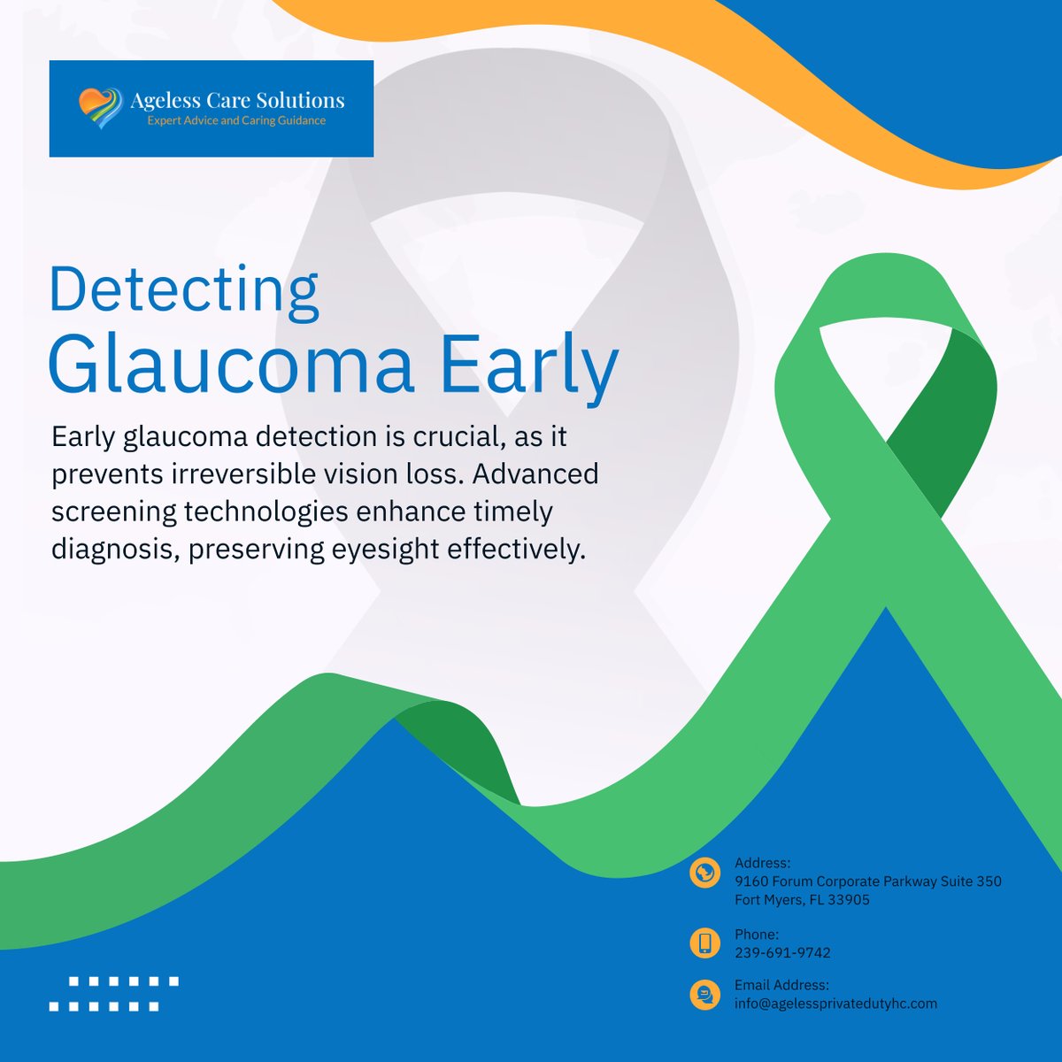 Early detection saves sight! Raise awareness about the importance of regular eye check-ups for detecting glaucoma early and preserving vision. Let's prioritize eye health for a clearer tomorrow. 

#EyeHealthMatters #GlaucomaAwareness #VisionCare #HealthyEyes #AgelessCareSolutions