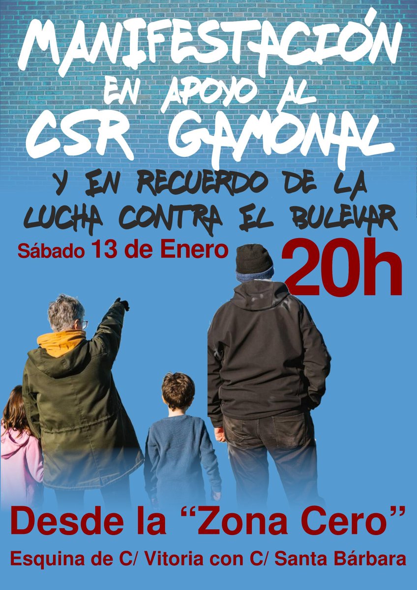 Las jornadas X aniversario de la lucha contra el bulevar de #Gamonal incluyen también una manifestación en apoyo al CSR frente al acoso y la censura del @Aytoburgos de PP-VOX, que tendrá lugar el sábado 13 de enero: csrgamonal.ga/2024/01/02/man…