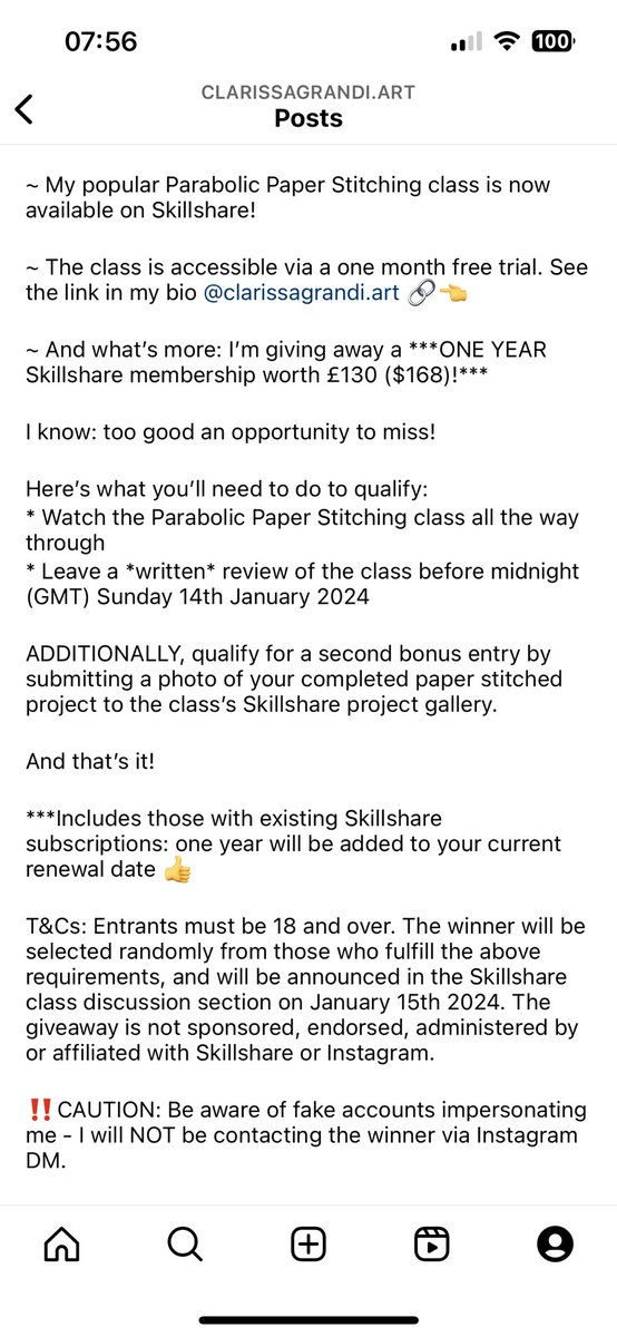 ICYMI: Skillshare class GIVEAWAY! My popular Parabolic Paper Stitching class is now available on Skillshare via a one month free trial here: skl.sh/46PsYbq And… I'm giving away a ***ONE YEAR Skillshare membership worth £130 ($168)!*** Details and T&Cs in image👇