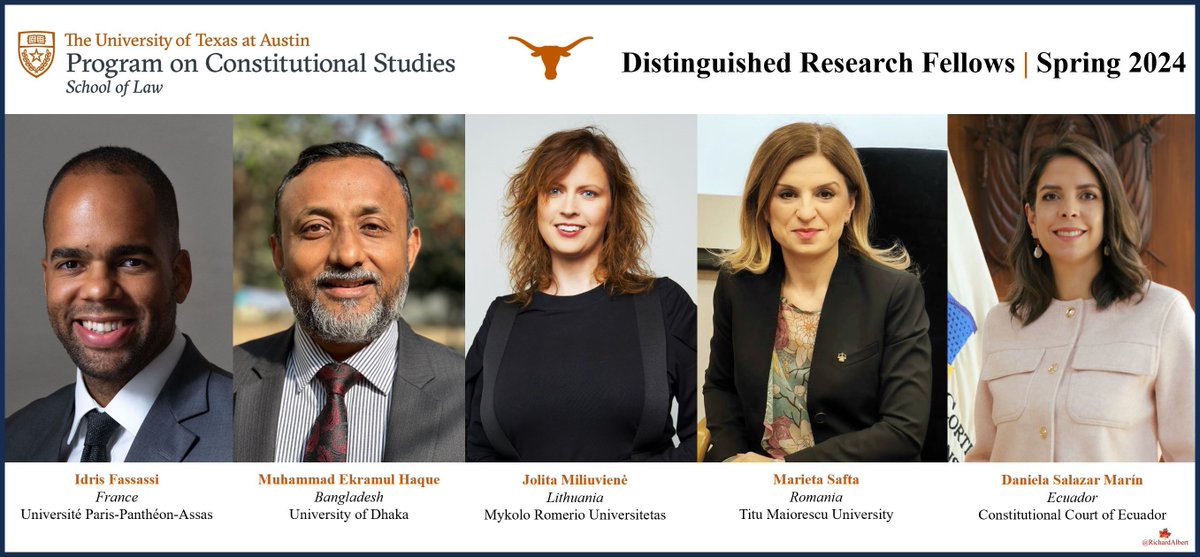RichardAlbert's tweet photo. 🌍 Meet the new Distinguished Research Fellows in Constitutional Studies here @UTAustin @UTexasLaw. 🎉

Each has been selected for their impactful and innovative ideas and advocacy in constitutionalism.

Congratulations--and welcome! 🤩 https://t.co/miWasweWGl