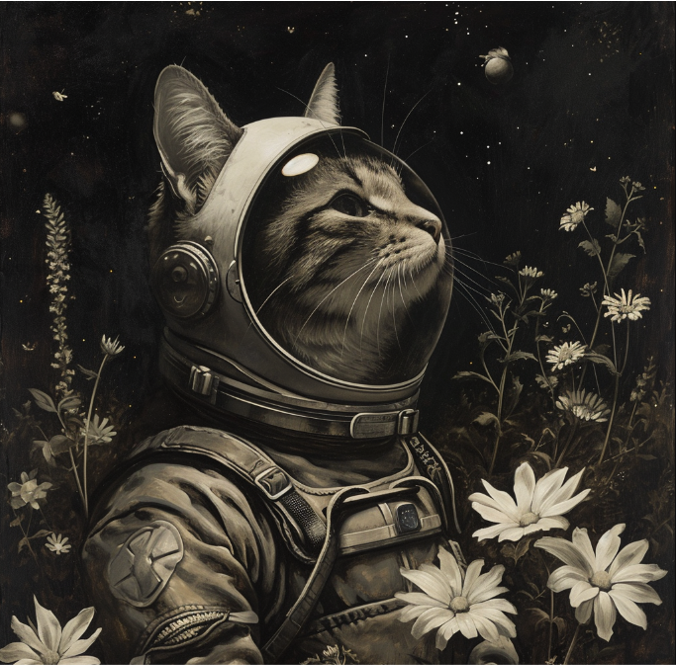 flashbynight's tweet photo. Prompt: cat astronaut in wonderland, soft charcoal hue https://t.co/M5huxHfFZ1