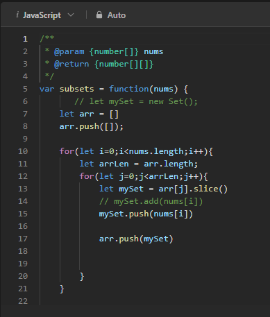 alam_alyan's tweet photo. Just cracked LeetCode #78 - Subsets in JavaScript!  Generating all unique subsets of an array.Check out my sleek solution below!  #LeetCoders
Discuss, improve, or ask questions! Let's conquer more coding challenges together! #CodingCommunity #JavaScript #LeetCode #ProgrammingJoy https://t.co/2UiiSqYj1z