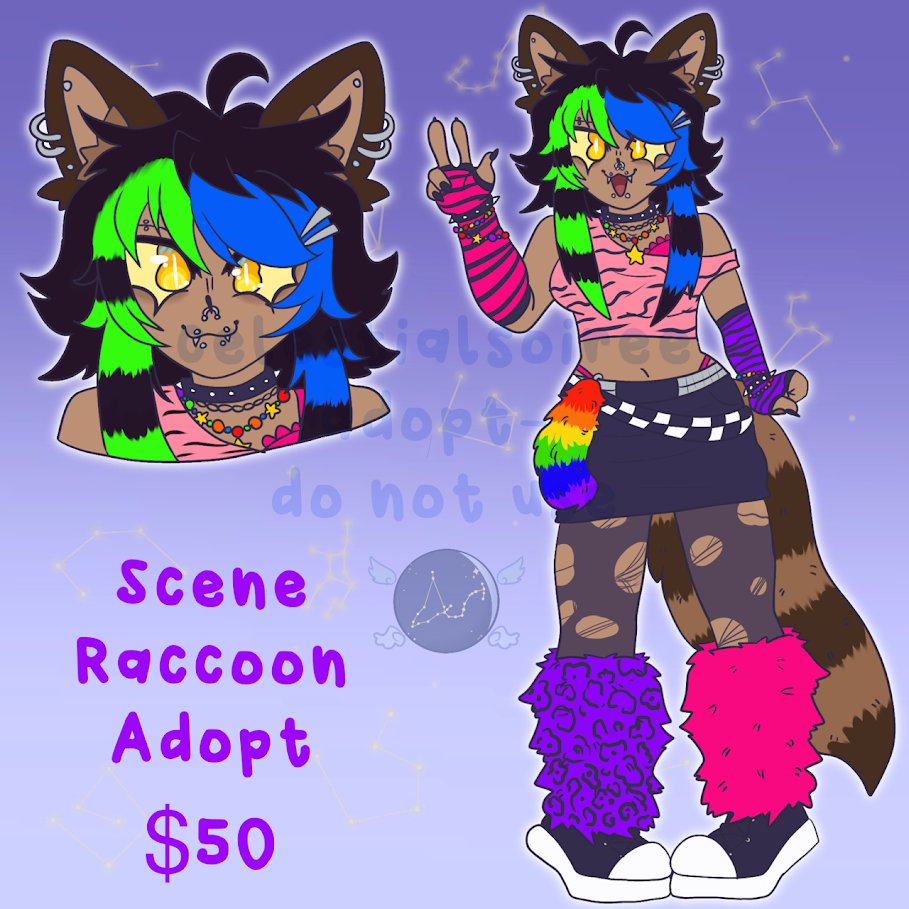 celestialsoiree's tweet photo. Scene Raccoon Adopt is now available on Ko-Fi now!! Comes with vtuber rights for only $50USD!! Link in the comments <3  #sceneadopt #raccoonadopt #raveadopt #celestialsoireeadopts #adoptable #adopt #kofi https://t.co/eg2Z9hdQ1g