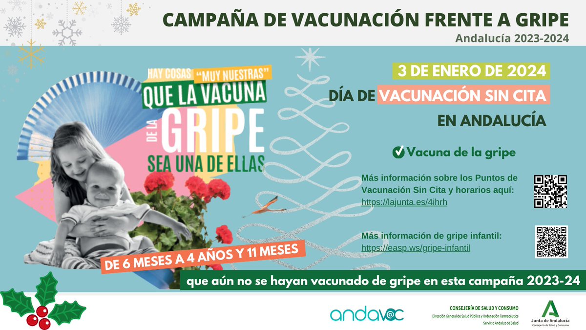 Andavac_'s tweet photo. Vamos a estrenar el año con el primer Día de Vacunación Sin Cita frente a la gripe para bebés y niños

Acércate el día 3 de enero a cualquiera de estos Puntos repartidos por toda Andalucía: https://t.co/jV4dxuUSto

#AndaluciaSeVacuna #YoSíMeVacuno https://t.co/b1LRm5pVpy