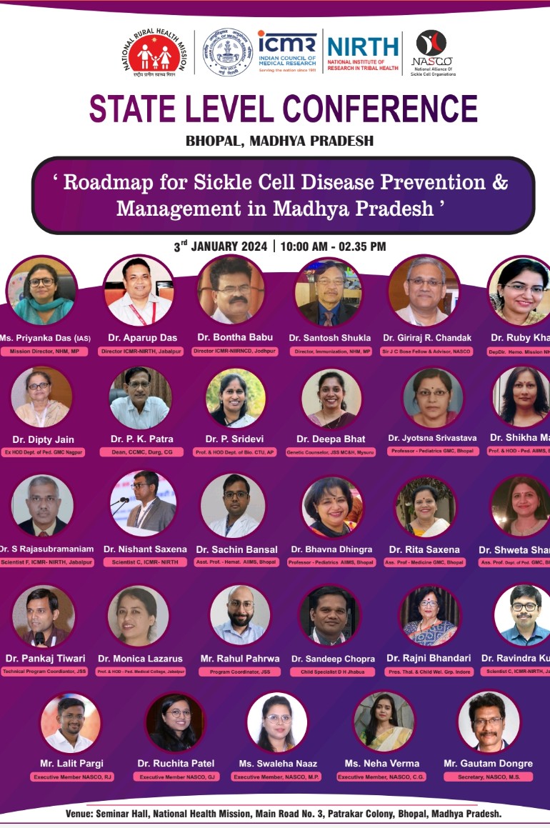 GN_Gautam's tweet photo. @IndiaNasco in partnership with NHM MP &amp; @NIRTH_Jabalpur organising 3rd State level  #sicklecelldisease Conference on 3rd Jan 2024 at NHM, Bhopal, on the subject of *"Roadmap for SCD prevention and management in Madhya Pradesh"

#missionSCD2047
@MoHFW_INDIA
@TribalAffairsIn https://t.co/uLF29WIVFy