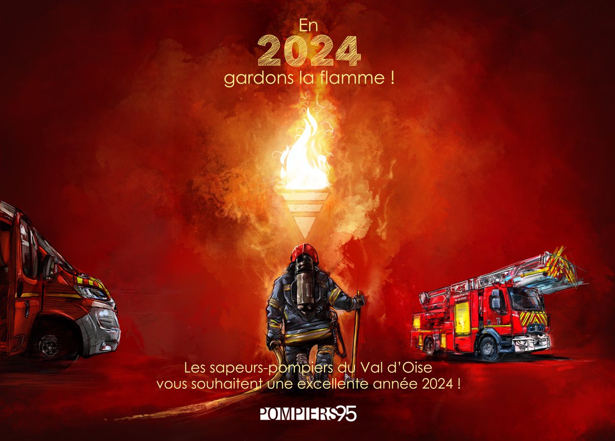Les sapeurs-pompiers professionnels, volontaires et les personnels administratifs, techniques et spécialisés du #Sdis95 vous souhaitent une bonne année 2024. 🚒🔥