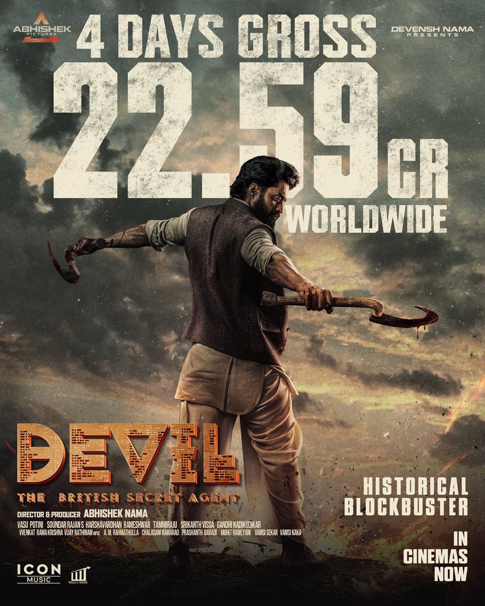 Hunting the Box Office like a #Devil 💥

The historical blockbuster #DevilTheMovie collects a worldwide gross of 22.59cr in 4 days 🔥

Book your tickets now! 🎫
bit.ly/DevilTheMovie 

#Devil - The British Secret Agent 
<a href="/NANDAMURIKALYAN/">Kalyanram Nandamuri</a>
<a href="/iamsamyuktha_/">Samyuktha</a> #MalvikaNair
Directed &amp;