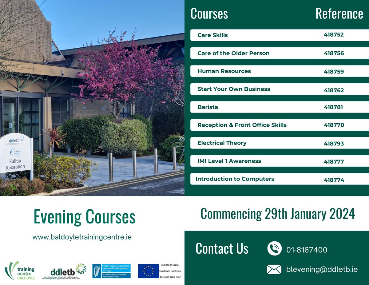 BaldoyleTC's tweet photo. Happy New Year! ๐ Our evening courses kick off on Jan 29th!๐๏ธExplore a range of exciting courses and make this year your year of personal and professional growth! ๐ Check out the courses available belowโฌ๏ธ
#NewYearNewSkills #JanuaryCourses #Eveningcourses #Teamddletb #ddletbFET https://t.co/Zv0tkHza8G