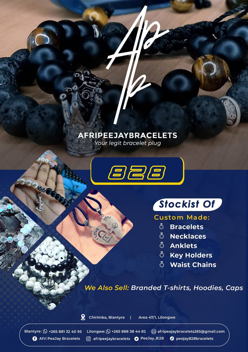 peejaybracelets's tweet photo. @iam_karonga Based in BT and Lilongwe
We make customized bracelets 👌🏽
Necklaces, anklets, key straps, bottle straps. All sorts of jewelry. 

Prices depend on the design 

https://t.co/0ZtnsO9yFi https://t.co/P0GQdHIEH2