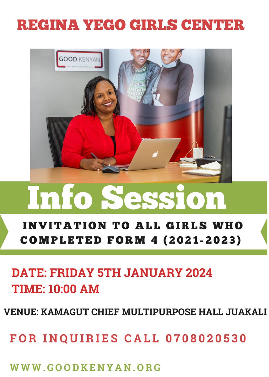 Happy New Year! If you know any young ladies who completed #KCSE from #Kamagut, #Sambut, #Juakali, #Turbo, #Sugoi, #Seiyiot, or #Leseru, please share this flyer widely. It's for an info session about the three-month #Mwanzo program offered by the #ReginaYegoGirls center.