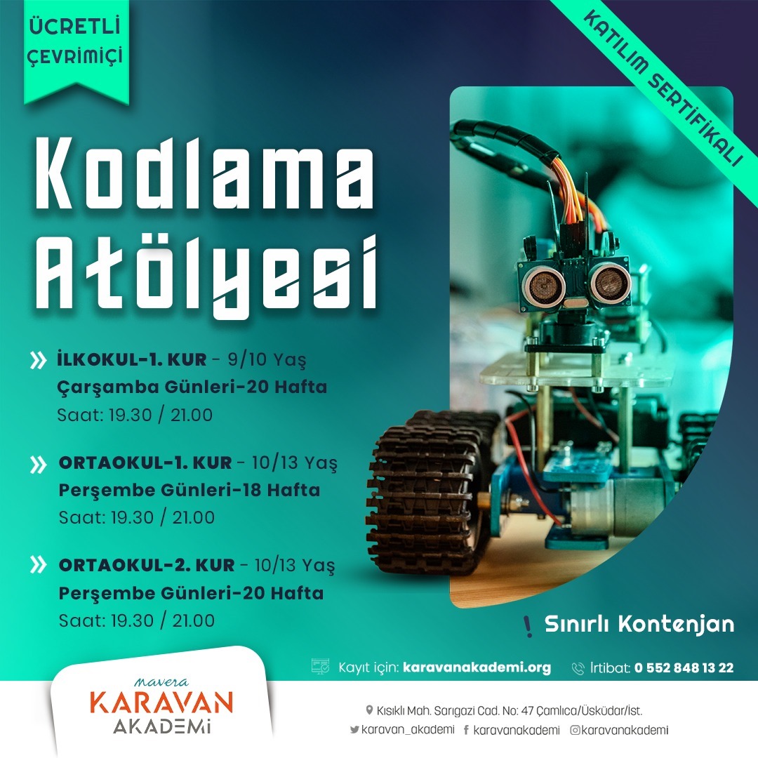 karavan_akademi's tweet photo. Kodlama Atölyesi

9-13 yaş arası uzman hocalar eşliğinde az sayıda gruplar ve katılım sertifikalı.

📞 0552 848 13 22
💻Atölye İçeriği İçin: https://t.co/6NP89nQL6j

#aratatil #tatil #porselen #epoksi #ebru #seramik #mimarlık #torna #çini #elyapımıkağıt #minyatür https://t.co/s7jkPO28Ni