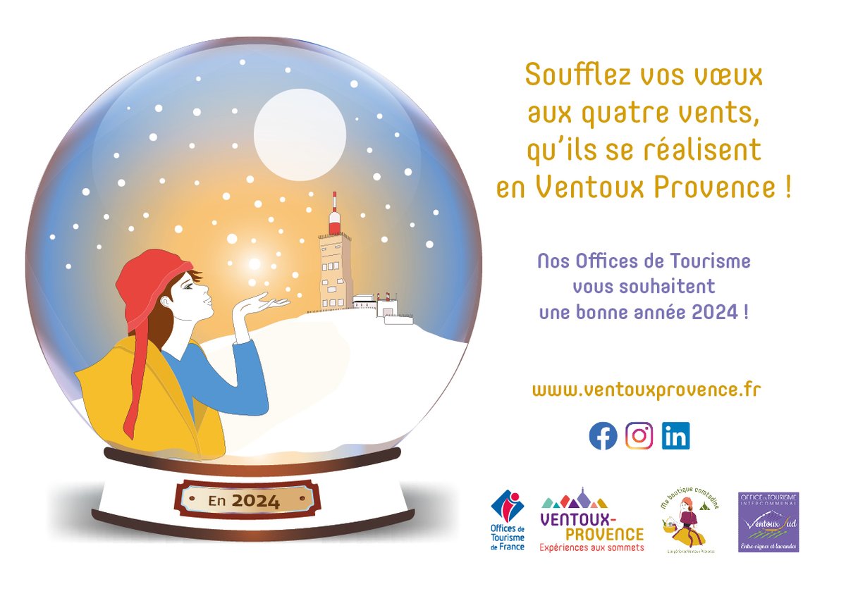 ~ NOS MEILLEURS VOEUX POUR 2024 ! ~
✏️ C'est en interne que notre graphiste Virginie a dessiné la carte de vœux 2024 de l'OTI @VentouxProvence Tourisme !👏
👉 Nous vous souhaitons une excellente année à venir, des challenges à relever... et des réussites à savourer !