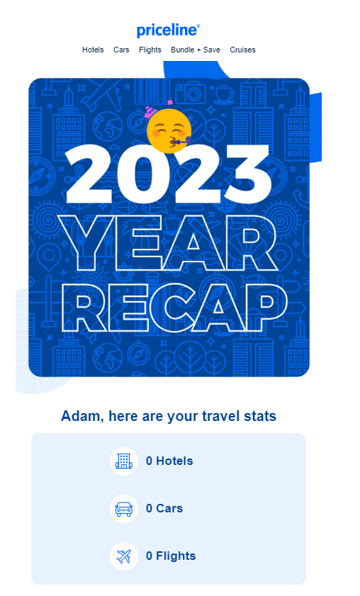 AdMMMM's tweet photo. Email marketers, you don't HAVE to do Recap mails unless there is a very compelling argument for one.

They are operationally intensive and the opportunity cost is high. 

Here, Priceline simply remind me that I don't use them. Not the best email to be sending in peak January! https://t.co/z538kWxxU6