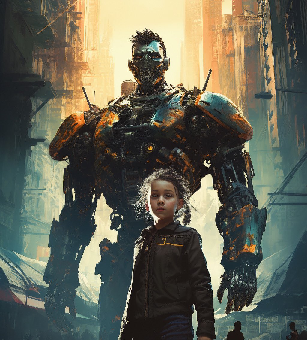 Dream_Anomaly's tweet image. In the heart of the city where steel giants roam, a young guardian finds kinship with a titan of chrome!
Good morning Folks!
#aiartcommunity #roboticart #futuristic #scifiart #fantasy #AIArtGallery #storytelling #cyberpunk