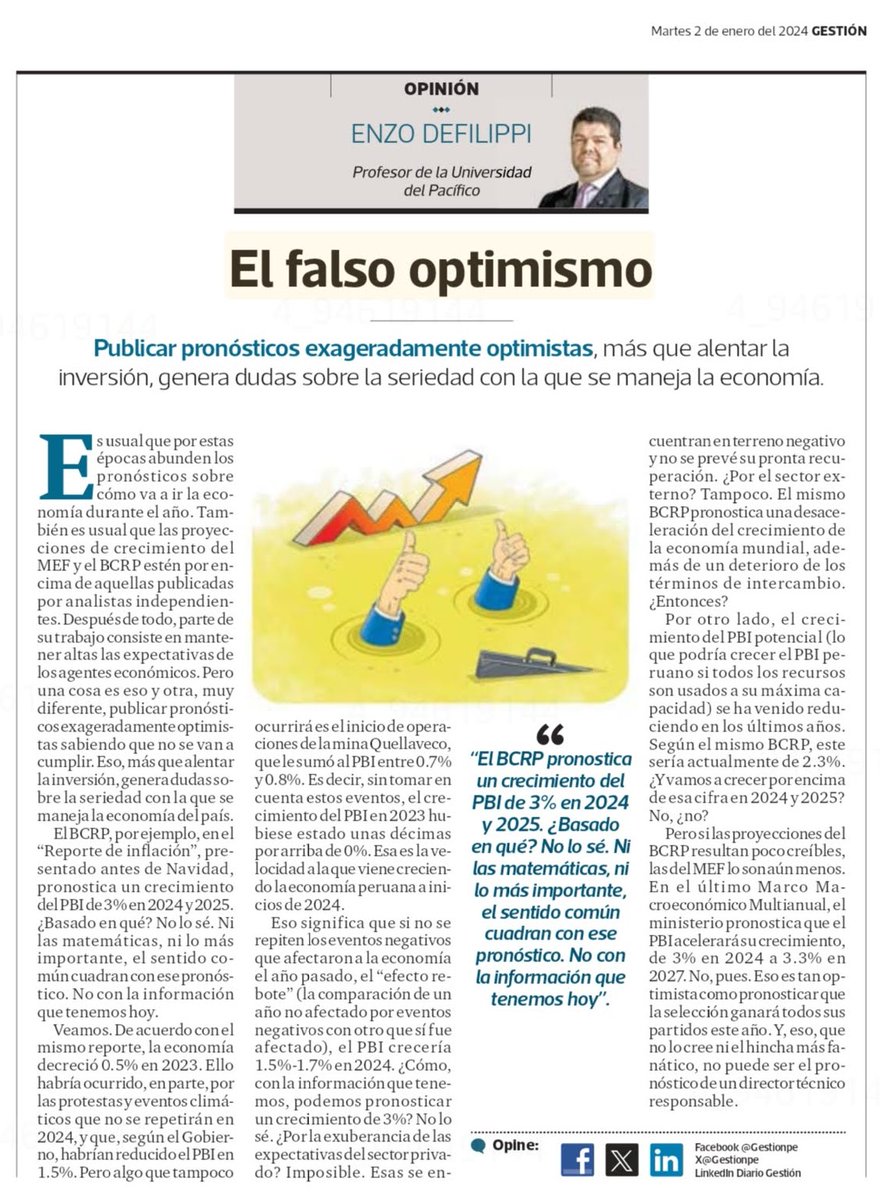 enzodef's tweet image. Mi columna de hoy es sobre los falsamente optimistas pronósticos de crecimiento de nuestras autoridades económicas. Ello, más que alentar la inversión, genera dudas sobre la seriedad con la que se maneja la economía del país #Peru #Economía
