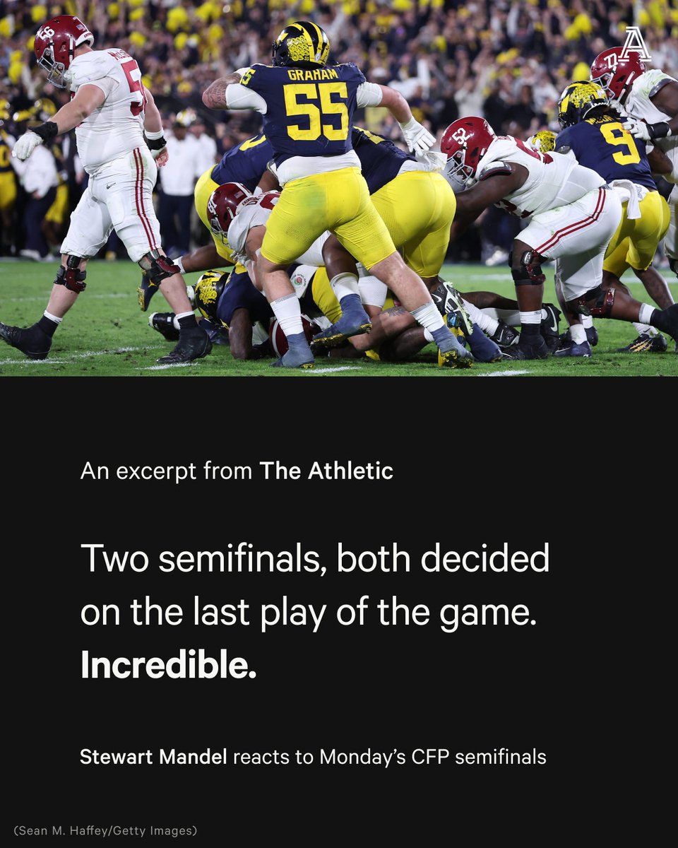 TheAthletic's tweet photo. Someone with a delicious sense of a humor decided we must cap off 2023's wild realignment adventure with a national title game pitting a Big Ten school against a Pac-12 school that’s leaving for the Big Ten.

@slmandel reacts to Monday's CFP semifinals ⤵️

https://t.co/h9a81sZ7dI https://t.co/6TZAgMje5G