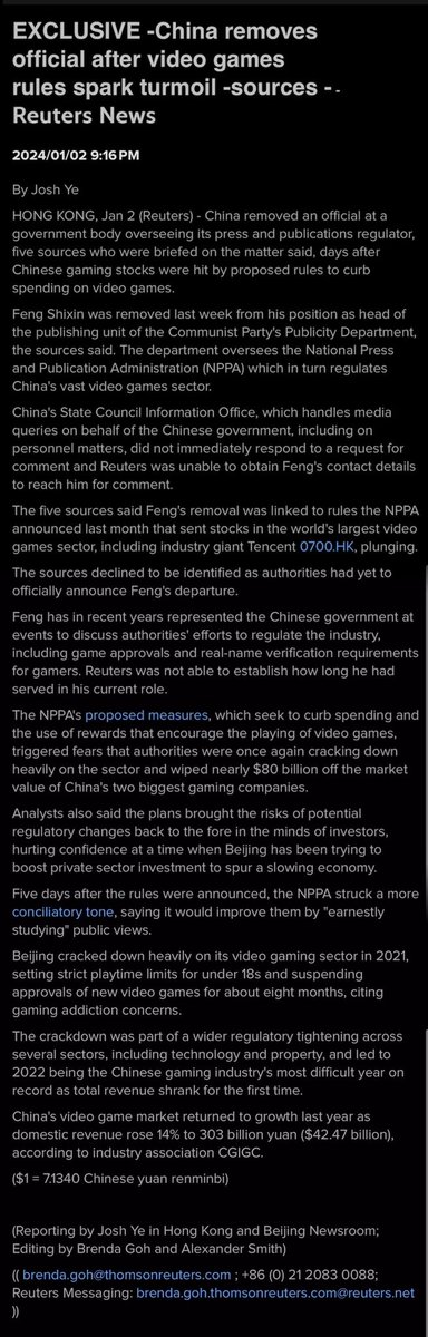 My latest: EXCLUSIVE -China removes official after video games rules spark turmoil -sources - Reuters News

China removed an official at a government body overseeing its press and publications regulator, five sources who were briefed on the matter said, days after Chinese gaming