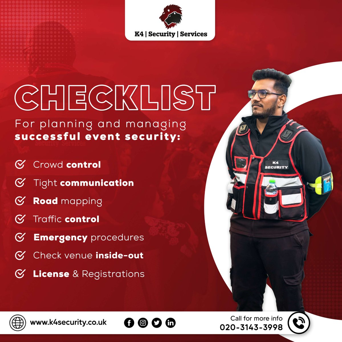 Trust K4 to safeguard your success!'

When the beat drops, but security never does. Unleash the party, not the panic. K4 secures every note, every move, every memory!!

#K4Security #K4Secure #EmergencyPlans #TrustUs #HappyNewYear #Secure2024 #EventChecklist