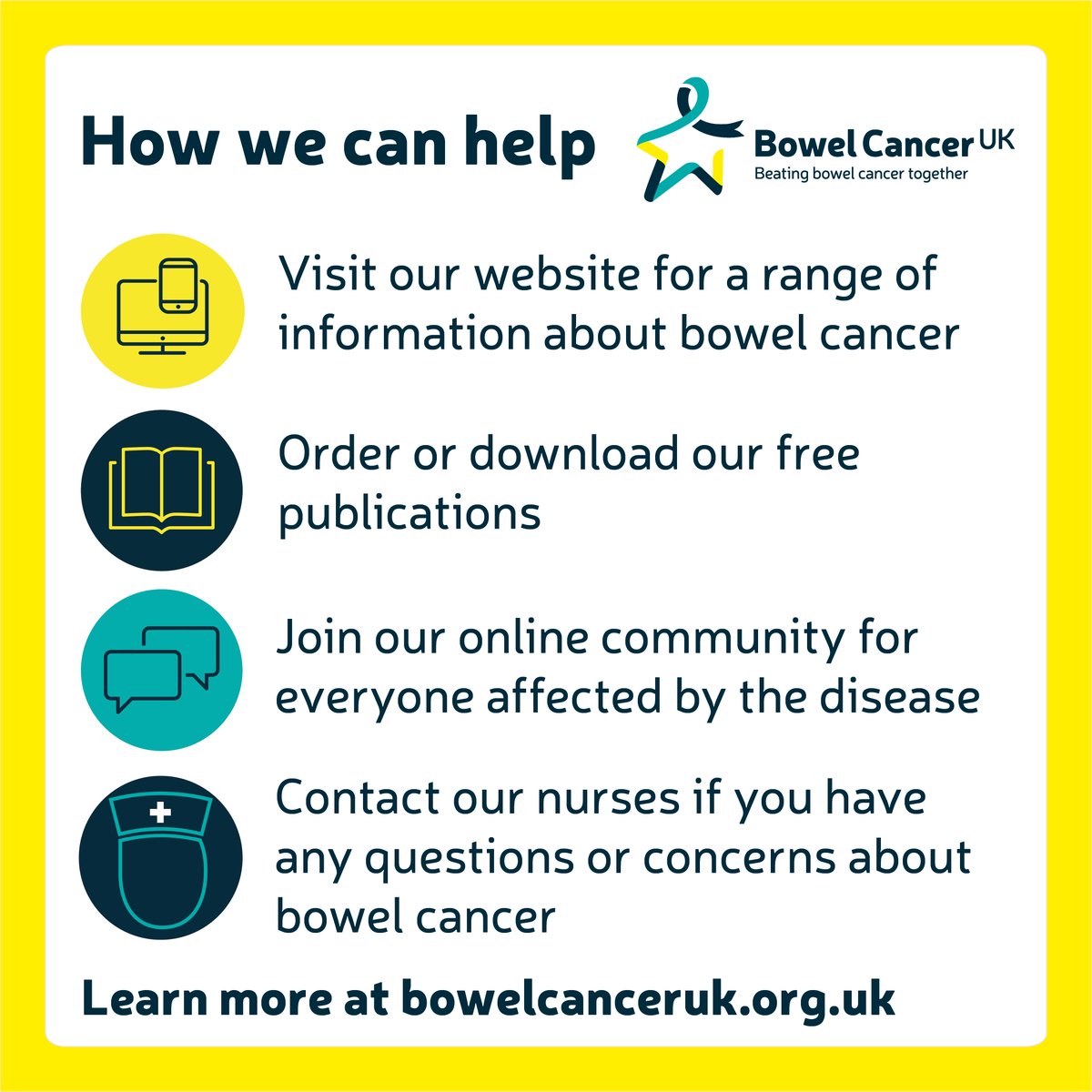 bowelcanceruk's tweet photo. If you’ve been affected by #BowelCancer, either personally or through a loved one, we want you to know we’re here for you.

Find out about the many ways we can help support you through your cancer journey👇 https://t.co/UbcFJKoYB0 https://t.co/Bbhtdxzrb2