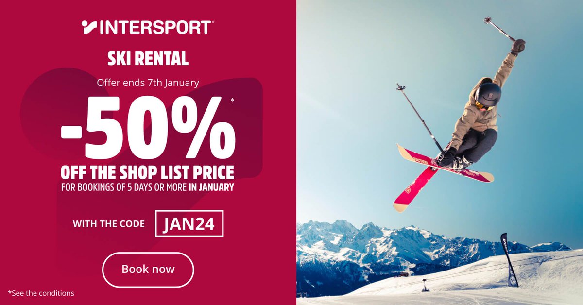 INTERSPORTRentF's tweet photo. The latest discount code is now live until 08 January... #discountcode #skihire #intersportrent #skiholiday #chamonix #tignes #valthorens #valdisere #meribel #courchevel #morzine #avoriaz #laplagne #lesgets https://t.co/2h0Y9ztWuk