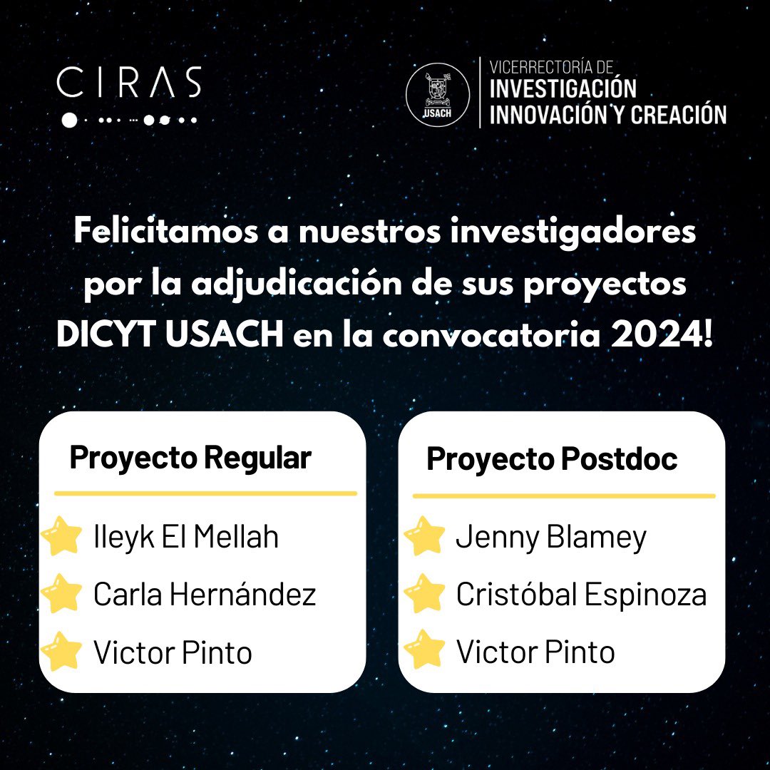 astroCIRAS's tweet image. Felicitamos a nuestros/as investigadores que se adjudicaron proyectos DICYT de investigación regular y postdoctorado en la convocatoria 2024 de @VriicUsach 
👏👏👏
@FisicaUsach @Ciencia_Usach @fqybusach @usach