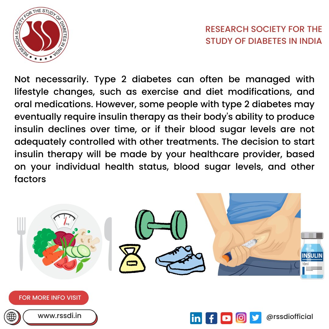 Demystifying #Diabetes: 🤔 Does a diagnosis of Type 2 Diabetes mean you will have to go on insulin? Get the facts straight and break free from misconceptions. Your diabetes journey is unique, and understanding your options is key. 💙🩺 #RSSDI #health #healthcare #Type2Diabetes