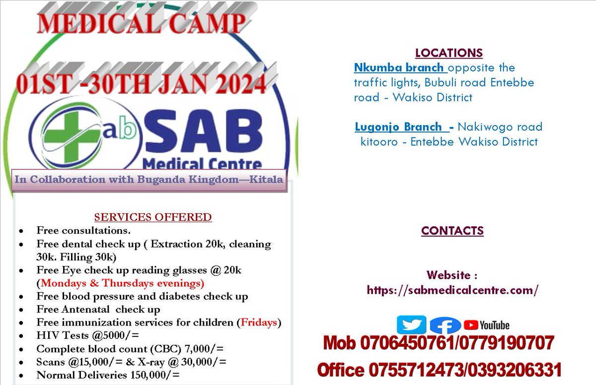 SabMedicalUG's tweet photo. CSR at Sab Medical Centre in collaboration with Buganda kingdom Kitala parish for the whole month of January 2024 https://t.co/dVH2rT4RCq