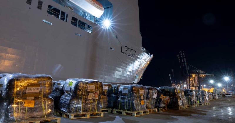 RoyalNavy's tweet photo. .@RFALymeBay has delivered more than 80 tonnes of humanitarian aid for Gaza on behalf of the UK.

The @RFAHeadquarters ship is deployed to the Mediterranean alongside @RFAArgus as part of Littoral Response Group (South) to help ease the worsening humanitarian situation in Gaza.