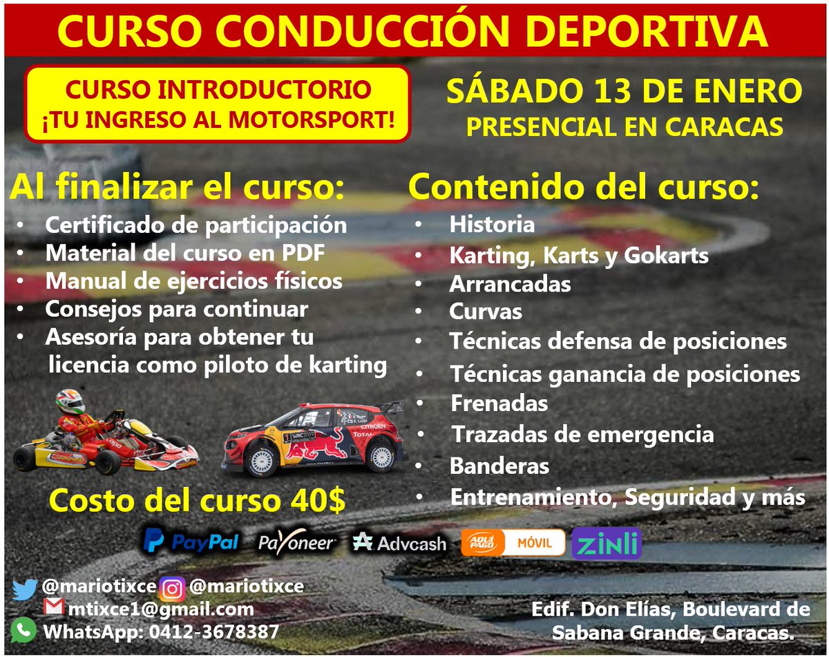 cakve's tweet photo. #02Ene24 #Cursos #Training #Educacion Te invito a participar en e 1er #Curso de Conducción Deportiva a celebrarse el 13 de enero en #Caracas #Ccs aprende técnicas, prepara tu ingreso al #Motorsport #Karting #Automovilismo #F1 #Autosport inscríbete, corre la voz! https://t.co/4omqw7rnhk