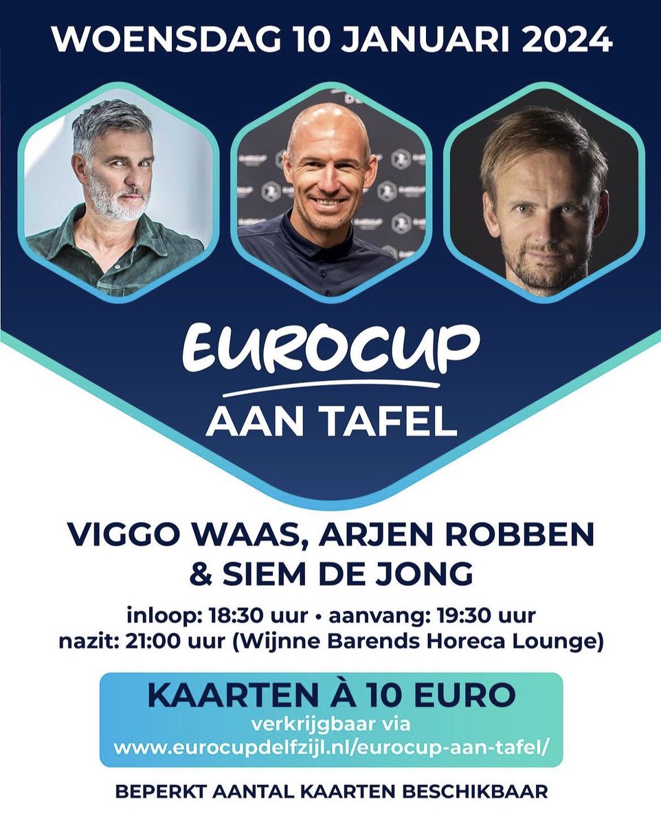 Eurocup aan tafel! Een bijzonder gezellige avond met leuke gasten! Niemand minder dan Arjen Robben en Siem de Jong schuiven aan bij Viggo Waas! 🔥Wacht niet te lang, er zijn een beperkt aantal kaarten beschikbaar en vol = vol! 👏🏻 naar Eurocupdelfzijl.nl/eurocup-aan-ta…