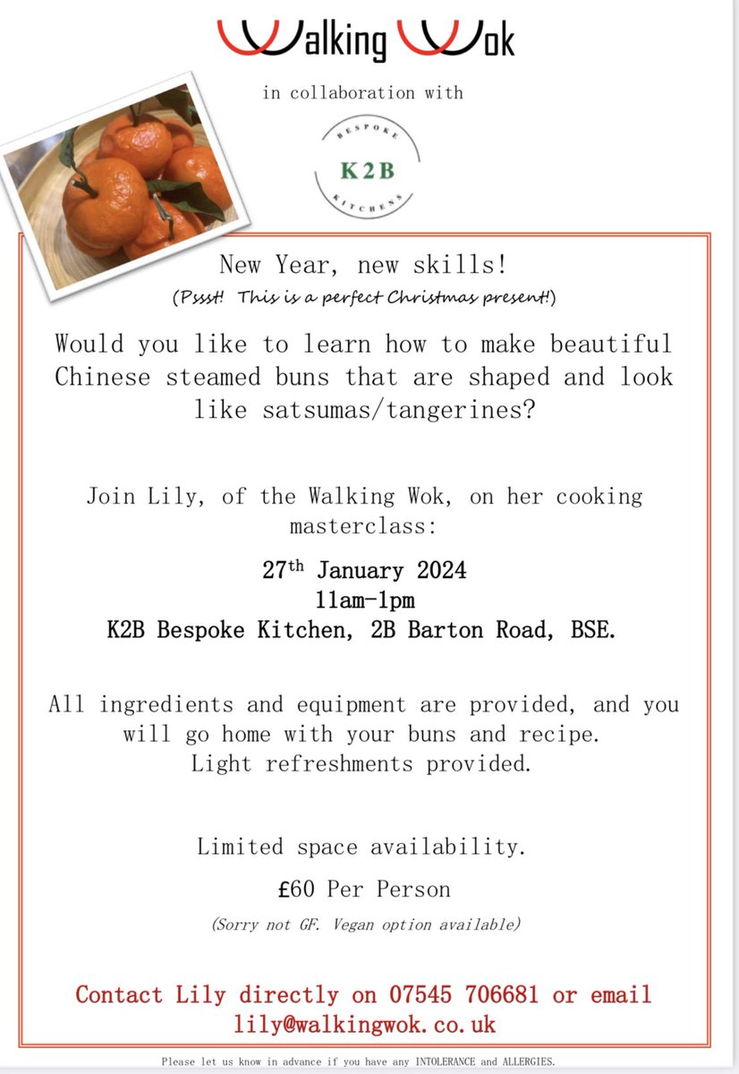 WalkingWok's tweet photo. I am looking forward to wok your culinary skills with Chinese Steamed Buns cooking class on the 27th January at K2B Bespoke Kitchens in Bury St Edmunds. Book your spot at lily@walkingwok.co.uk
@k2bbespokekitchens @welovebse @wwokstories #cookinglessons
#burysteemunds #suffolk https://t.co/7FhlLF4t0i