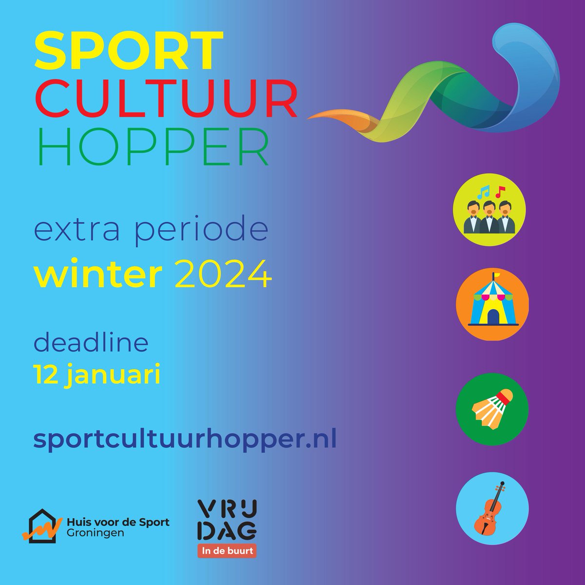SPORT- EN CULTUURHOPPER EXTRA PERIODE WINTER 2024! Meld je t/m 12 januari aan voor een cursus via sportencultuurhopper.nl <a href="/gem_groningen/">Gemeente Groningen</a> <a href="/Sport050/">Sport050</a> #blijfbewegen