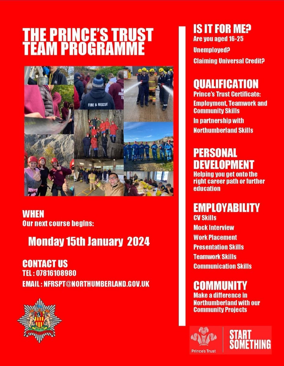 WillCourt's tweet photo. ❗️Only 3 spaces left❗️

👑 The Prince's Trust programme is beginning soon. We're looking for people aged 16-25 to join us on this great opportunity!

📞 Contact us on 07816108980 or email us at NFRSPT@northumberland.gov.uk to sign up now!
@NlandFRS @N_landCouncil @NlandSkills https://t.co/cZnLnzwTMw