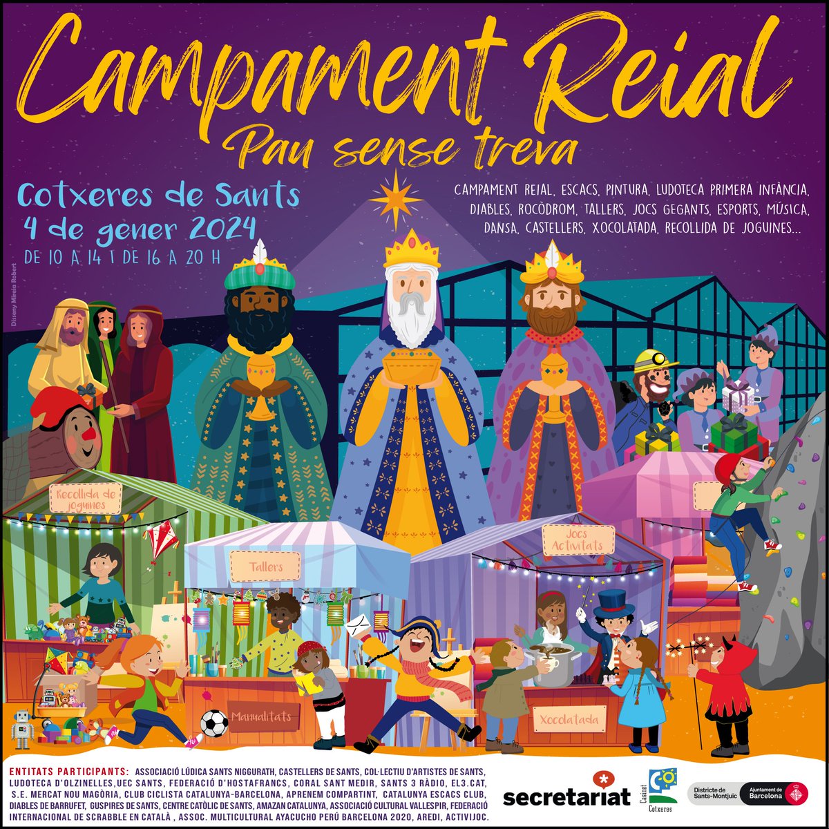 sants3radio's tweet photo. Aquest dijous, 4 de gener, torna el #Campament #Reial de #Sants a l'auditori de les @CotxeresCasinet🐫⭐️🎁. 
Amb un munt de tallers infantils amb les entitats del barri, que es faran a l'exterior per arrodonir la jornada i xocolatada.
Melcior, Gaspar i Baltasar us hi esperen!👇 https://t.co/dqCsBjfu42