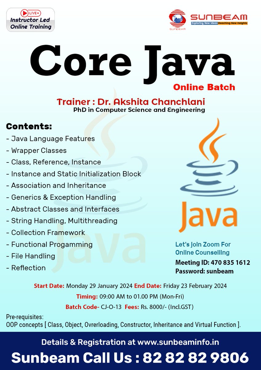 siitofficial's tweet image. Register for Sunbeam's upcoming #corejava online training, which will provide you with the knowledge and skills necessary to produce excellent Java code.
Visit: sunbeaminfo.in/modular-course…
#corejava #corejavatraining #onlinecorejavaclasses #onlinetraining #java #SunBeam #javaclasses