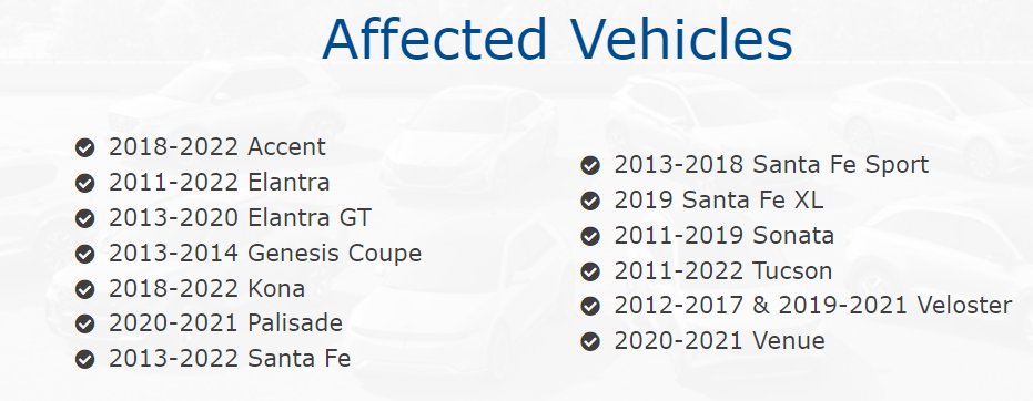 CSP_News's tweet photo. We continued partnership with Hyundai for steering wheel locks. You may also qualify for a software update. CO res. that are out of the area, Hyundai is offering reimbursement. Find out at https://t.co/FkNT4gkobk . Below is the list of eligible vehicles. https://t.co/cuckdScTts